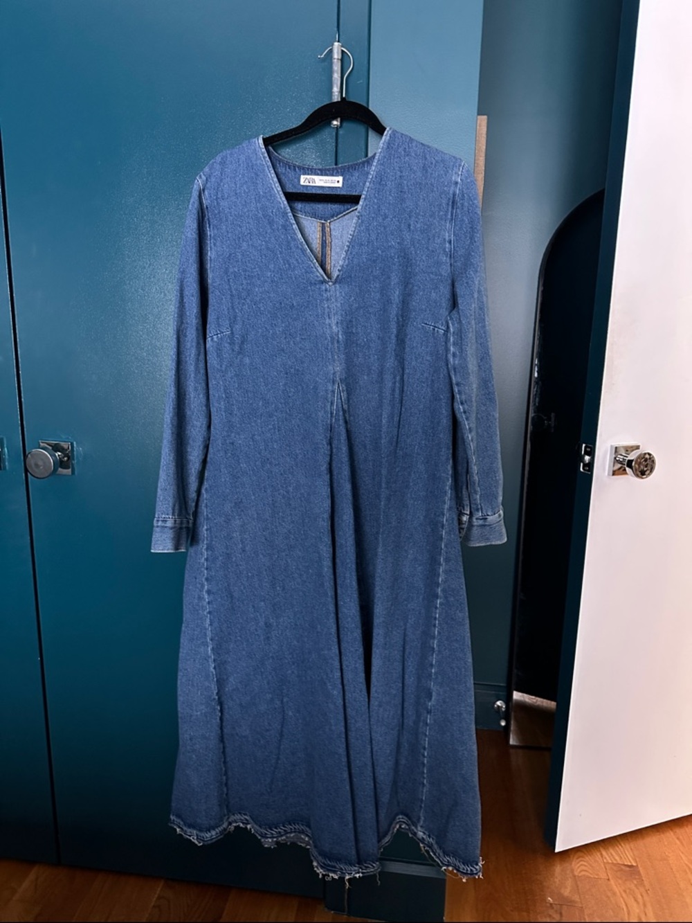 Zara Denim Long-Sleeve V-Neck long Dress - Blue